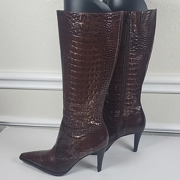 Gianni Bini Brown Croc-Embossed Heeled Boots - Picture 3 of 11